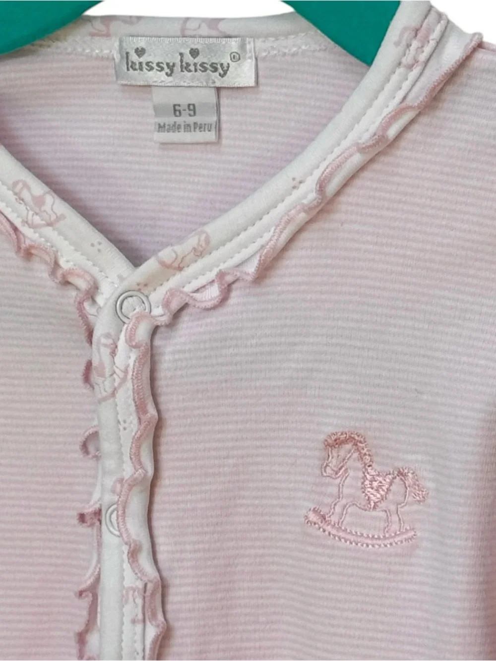 Kissy Kissy Baby Pink Stripe Rocking Horse One Piece Pima One Piece. 6-9 Months.